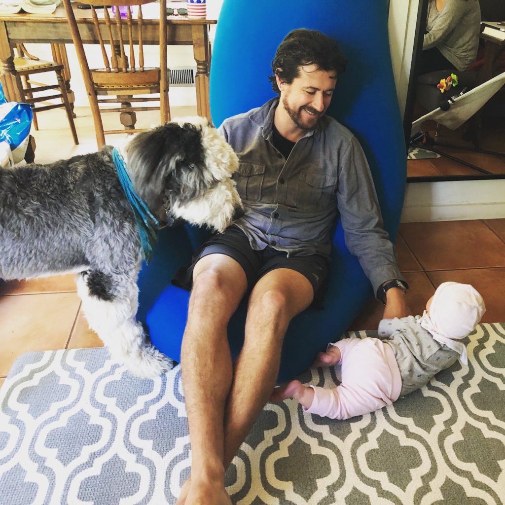 Dad between dog and baby - safe supervision