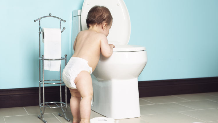 Toddler in the bathroom with you - safest strategy when you have a dog - Pooch Parenting 